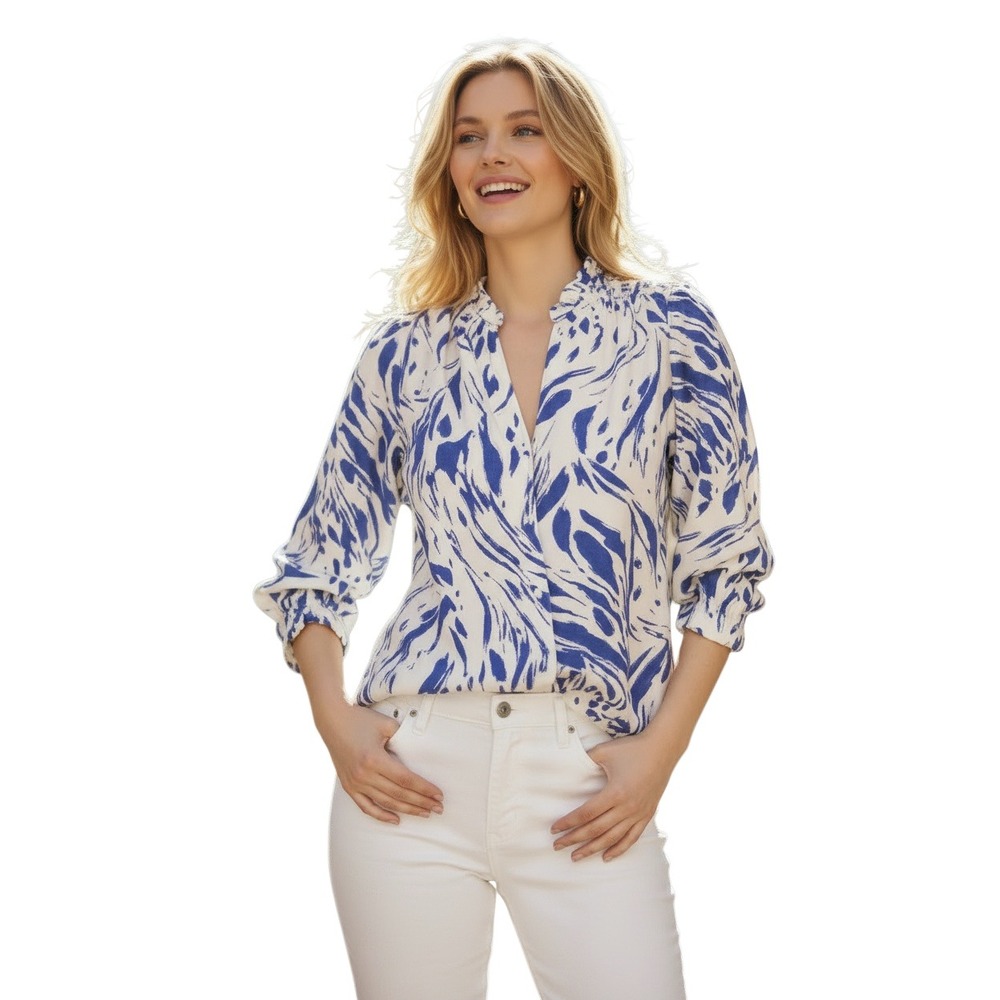 Parisian Blue Cream Abstract V-Neck Puff Sleeve Blouse Cotton M NWT J&H Paris‎